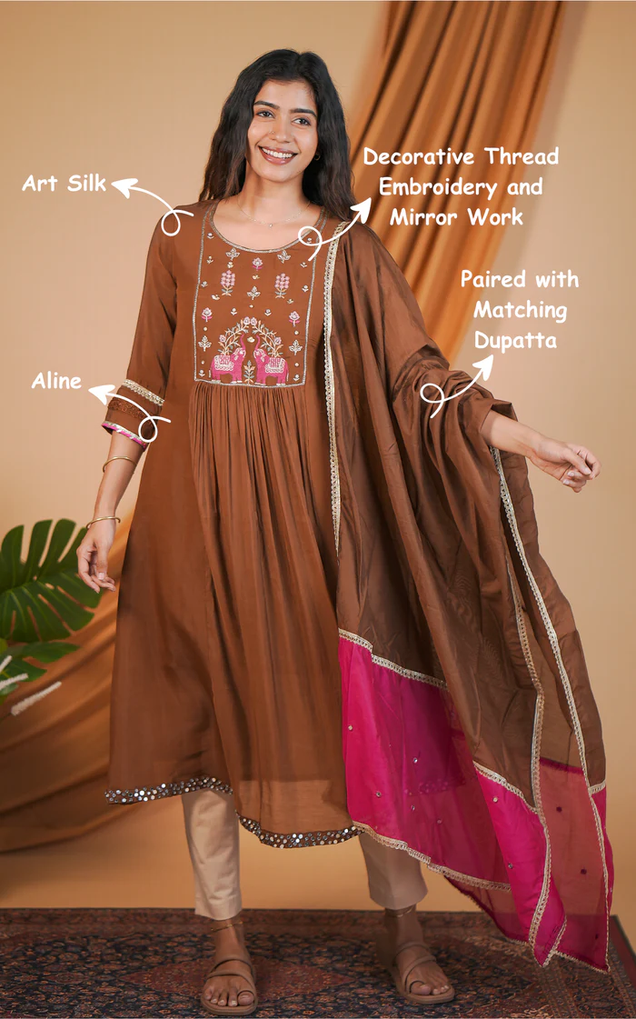 Chocolate Brown Aline Kurti with Decorative Thread Embroidery and Mirrorwork (Aira A)